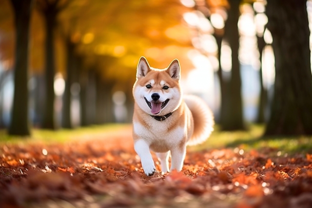 元気に散歩する柴犬の写真