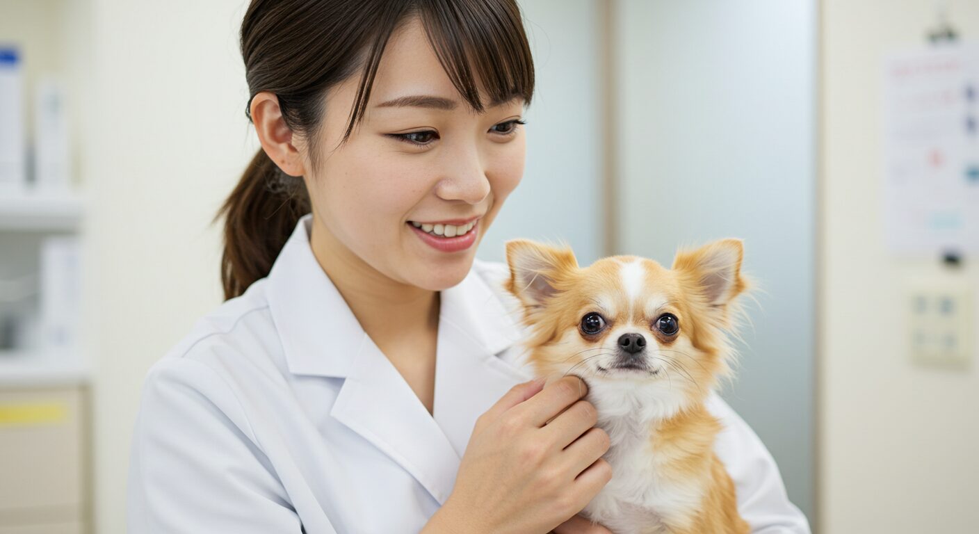 獣医師と可愛いプードル犬の写真