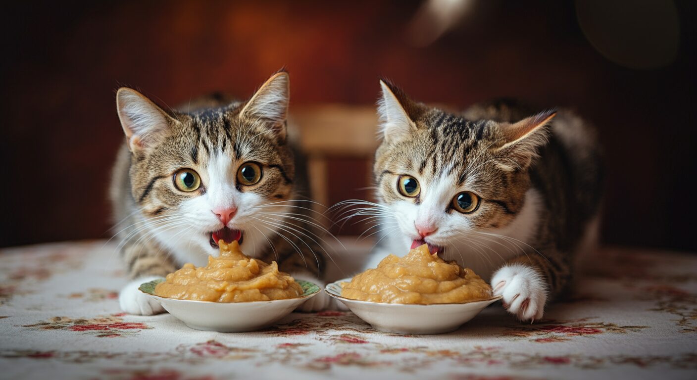 ピューレを食べる2匹の猫