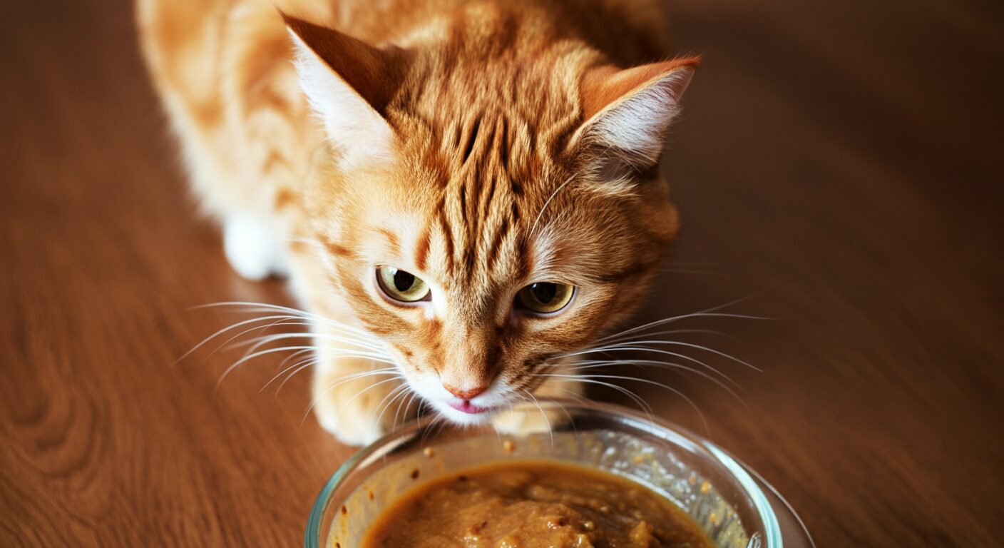 ピューレを食べる猫