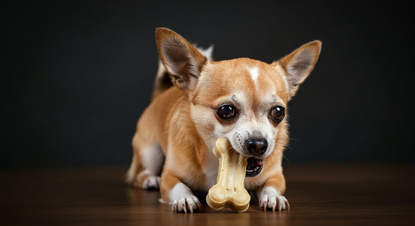 おやつを食べるチワワ犬1匹の写真