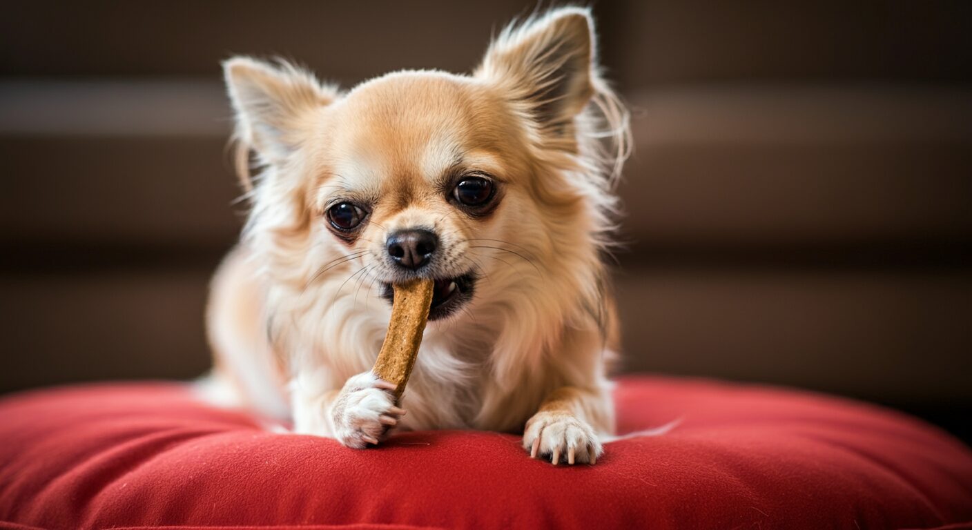 おやつを食べるチワワ犬の写真