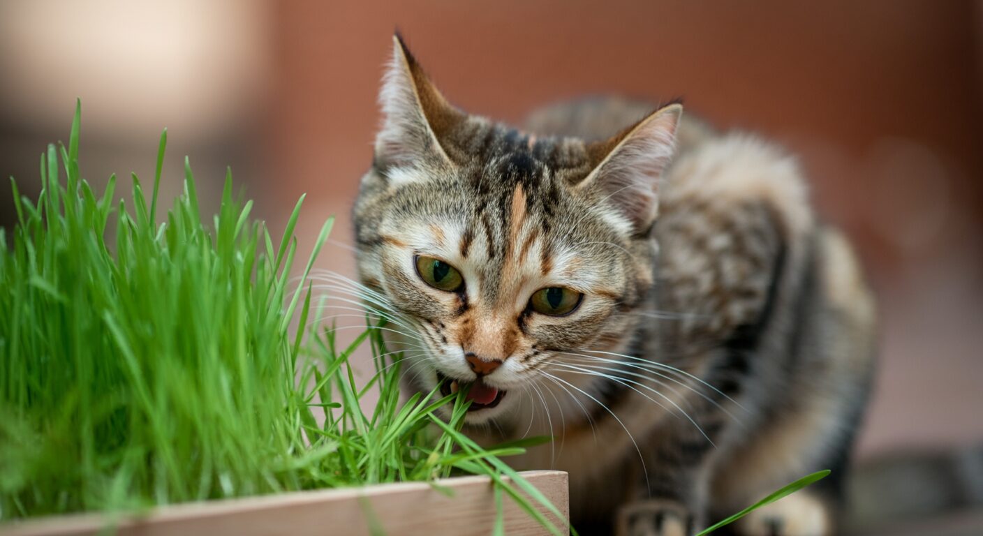 猫草を食べる猫の写真