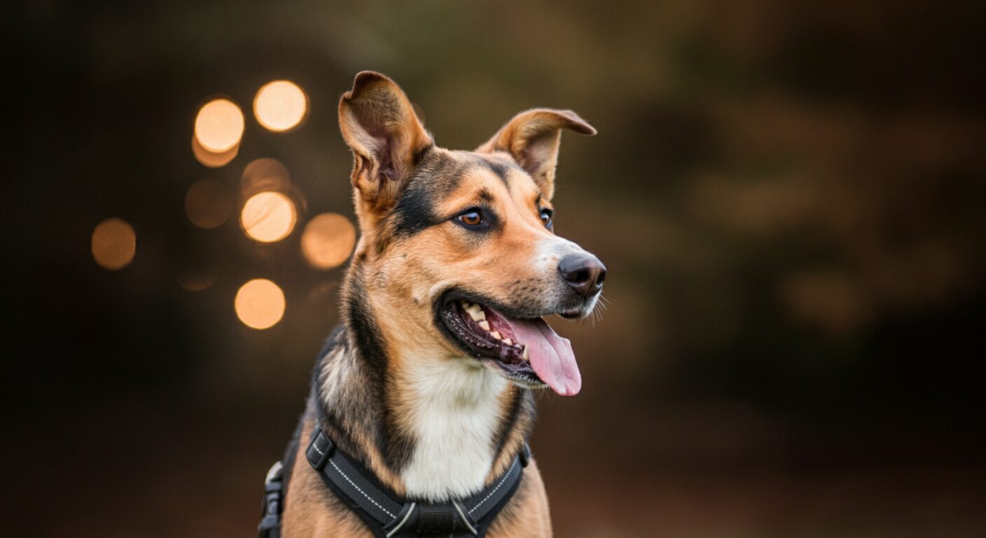 ハーネスをつけた中型犬1匹の写真