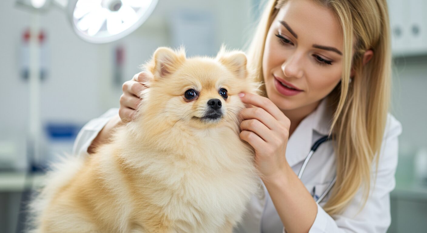 ポメラニアンと獣医師の写真