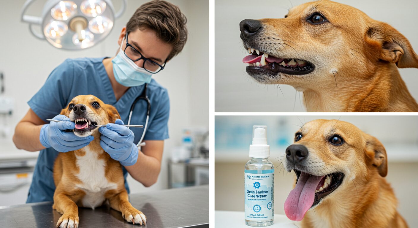 犬の口腔ケア水と獣医師の写真