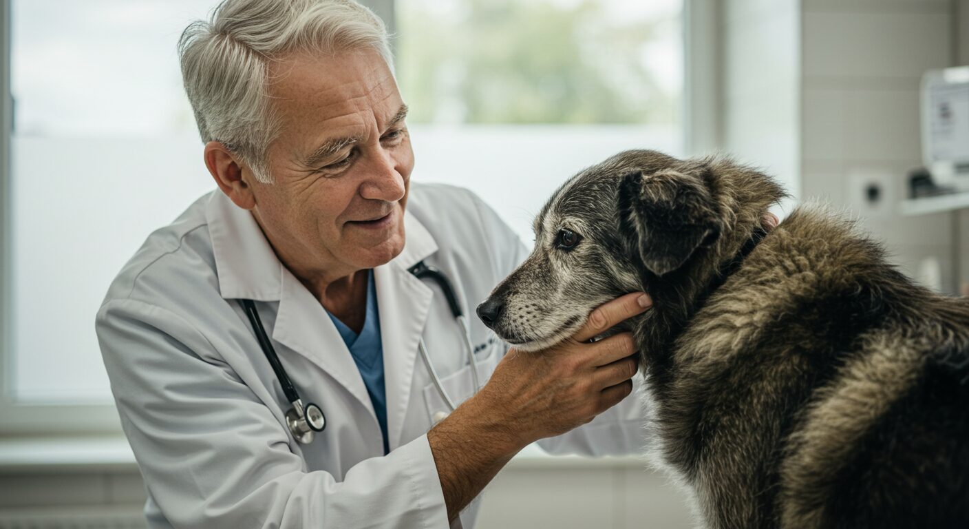 シニア犬と優しそうな獣医師の写真