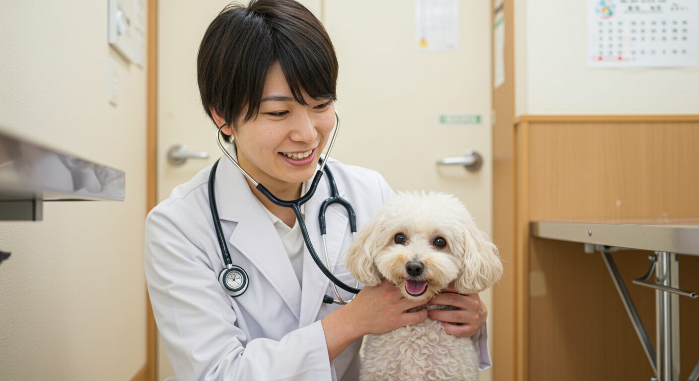 獣医師と可愛いプードル犬の写真