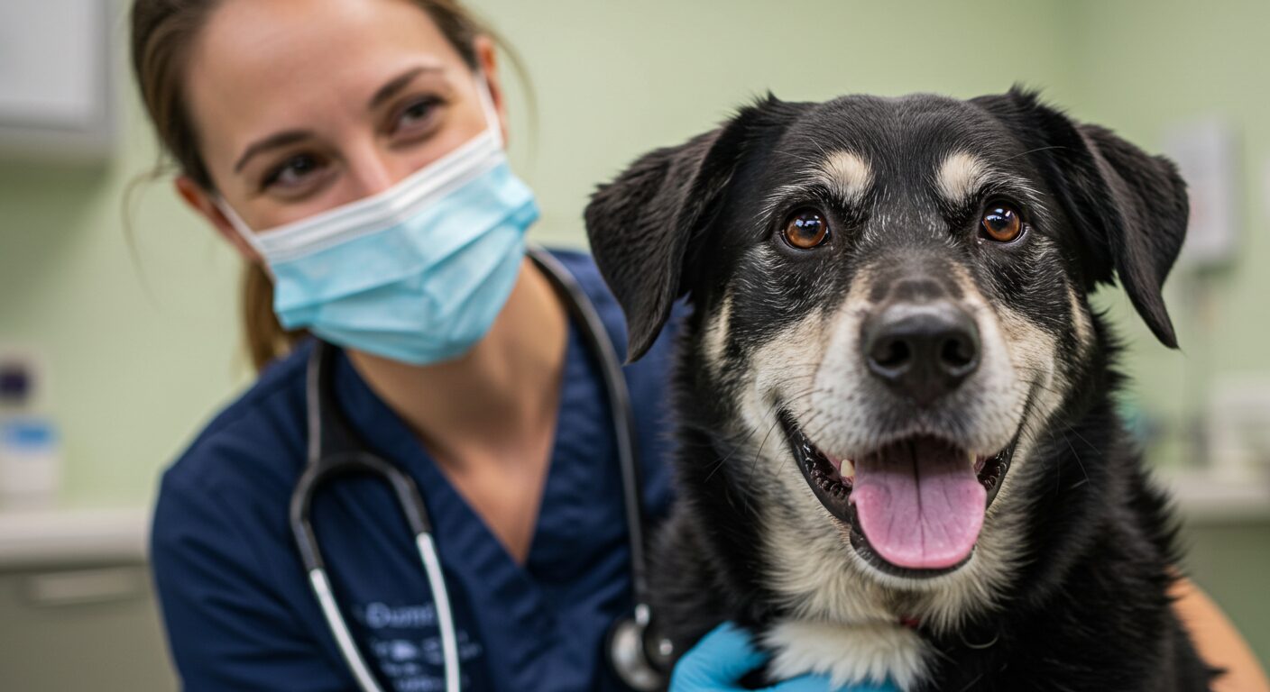 シニア犬と優しそうな獣医師の写真