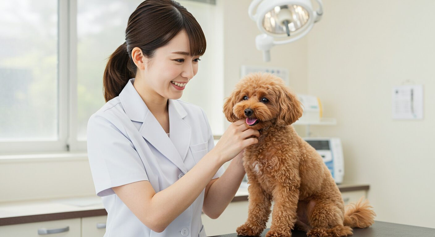 若い日本人の獣医師と可愛いプードル犬の写真