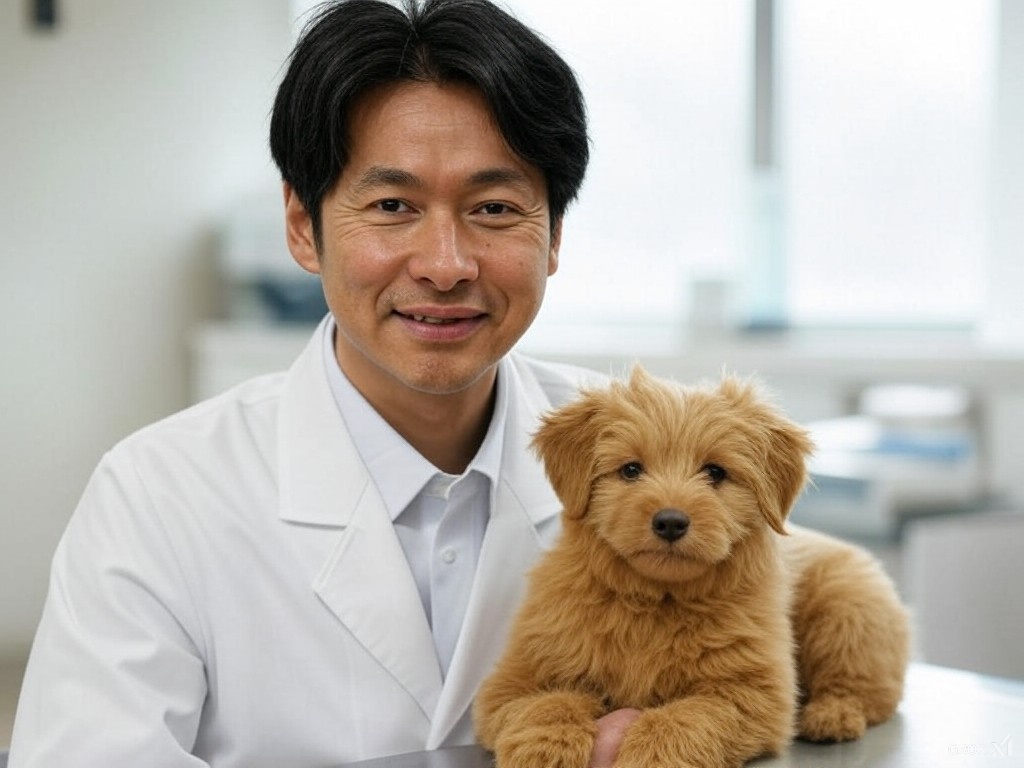 人獣医師と子犬の写真