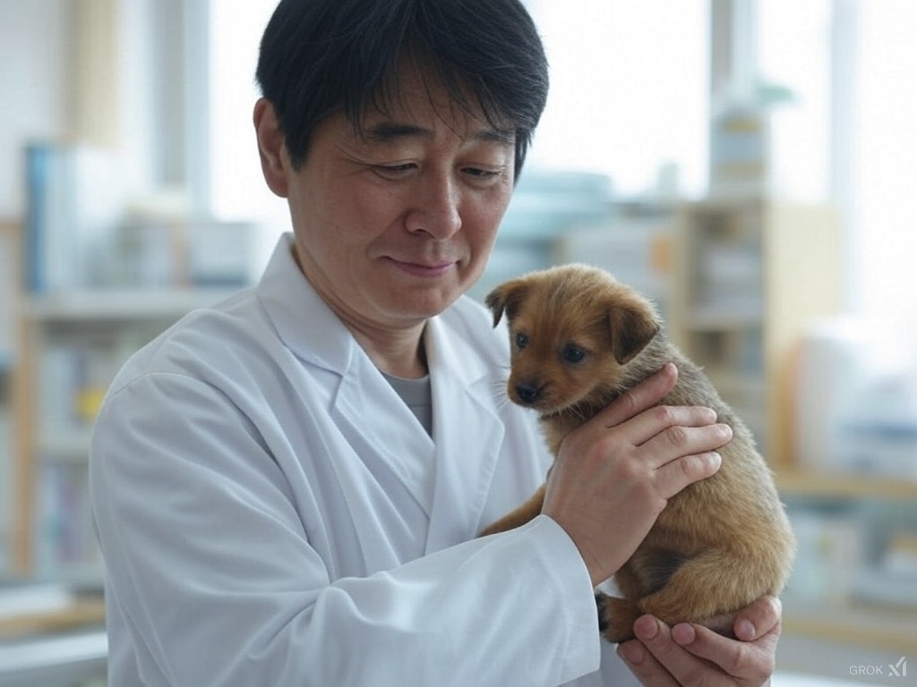 獣医師と子犬の写真