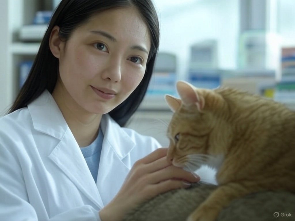 猫と、女優並みの美貌を備えた日本人の女性獣医師