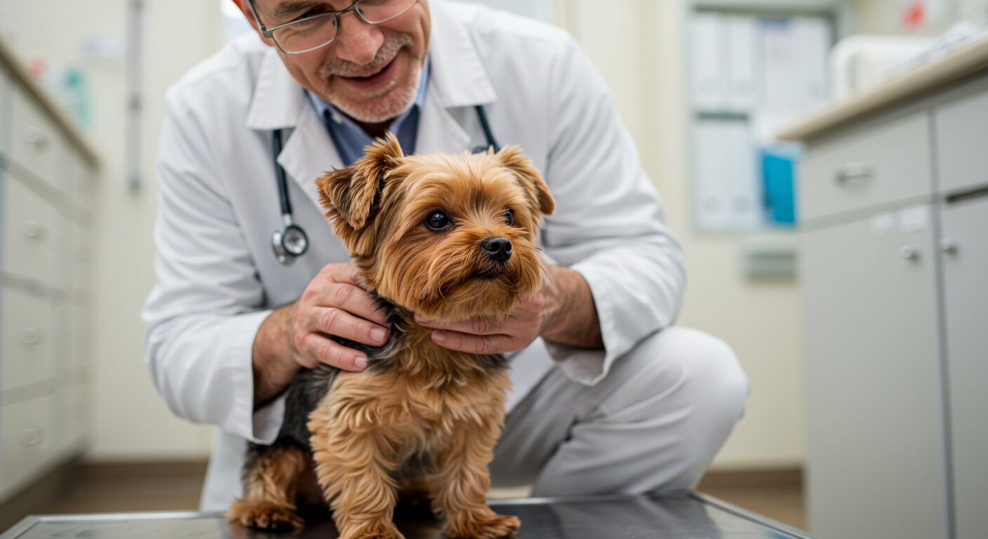 愛犬と親切そうな獣医師の写真