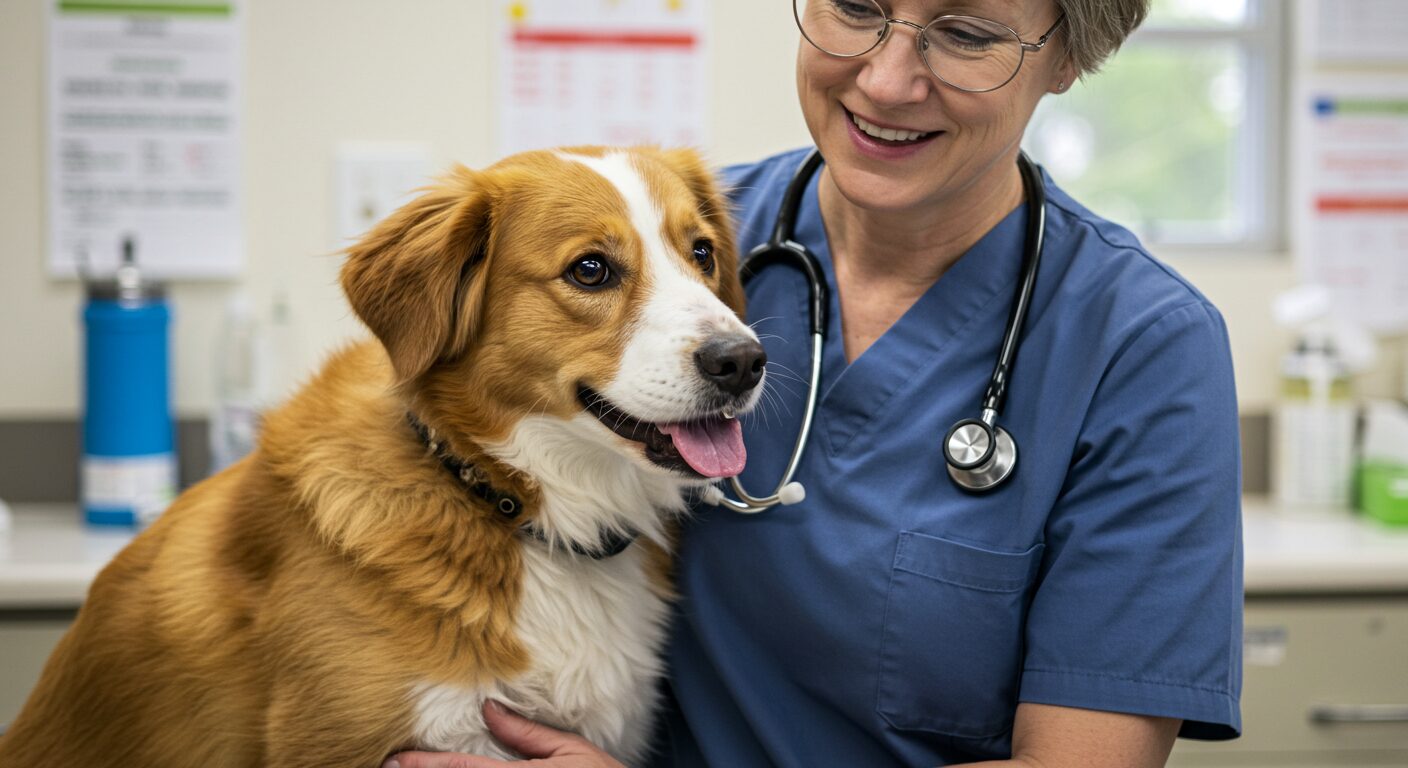 愛犬と優しい獣医師の写真