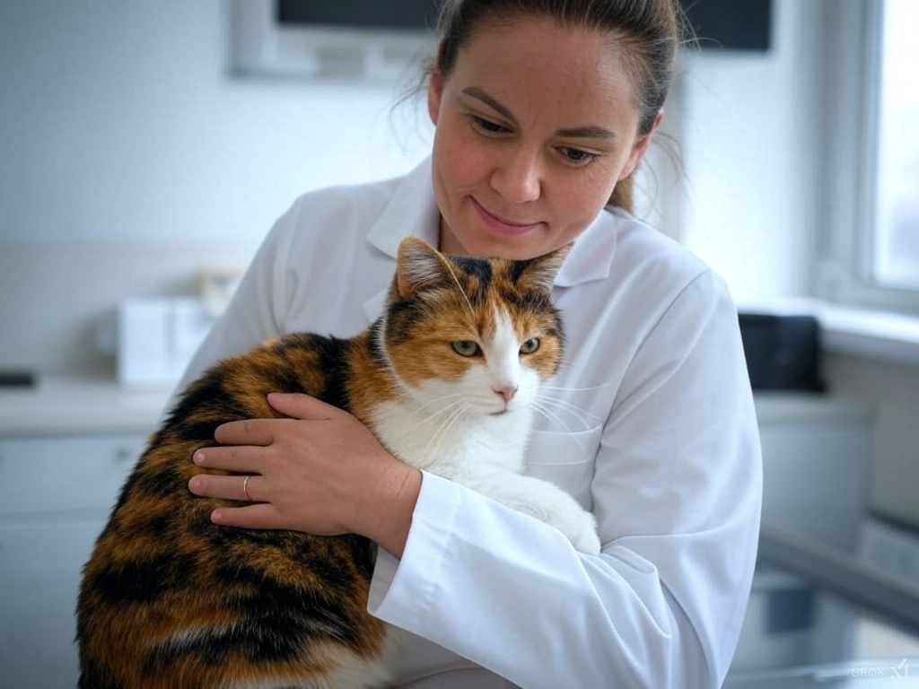 可愛い三毛猫と優しいそうな美しい女性の獣医師